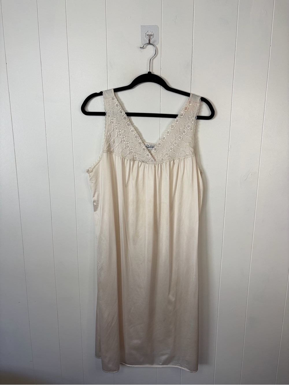 Vintage Ivory Nylon Full Slip Nightgown Lace Trim Bridal Lingerie Women's Large